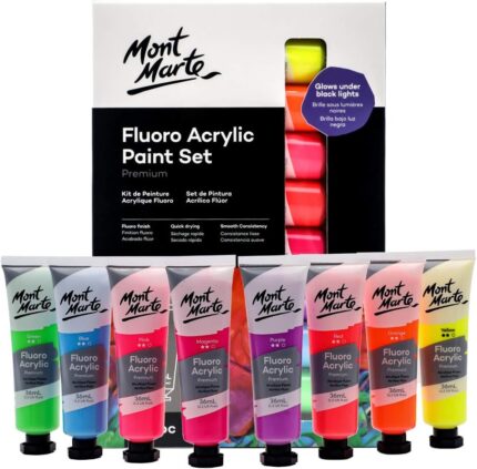 Mont Marte Fluoro Acrylic Paint Set - 8 Neon Colors, 36ml Tubes