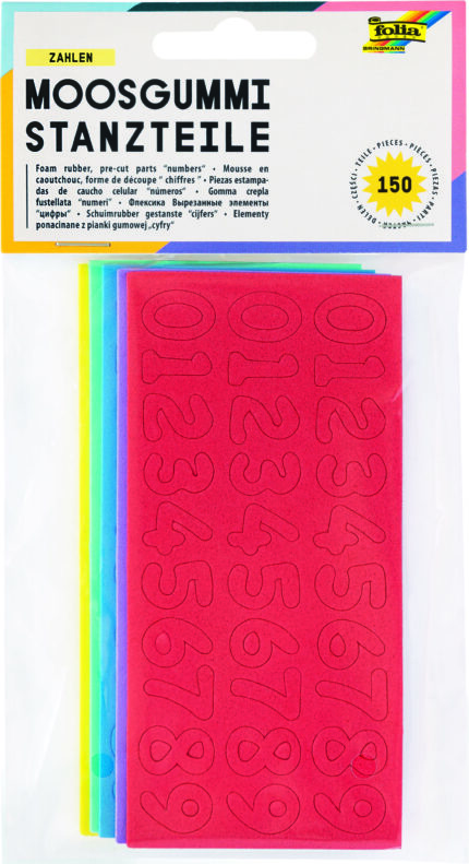 FO30 POCHETTE 150 FORME EN MOUSSE CHIFFRES  HAUT 15MM 5 COULEURS ASSORTIS