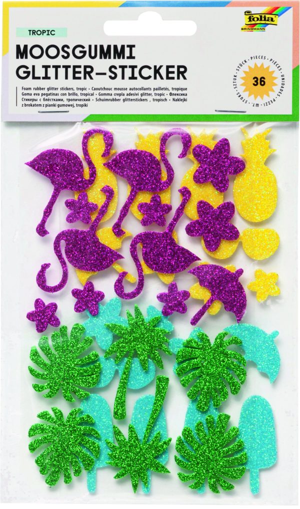 POCHETTE 36 STICKER AUTOCOL PAILLET MOUSSE  TROPIQUE ASSORTIES