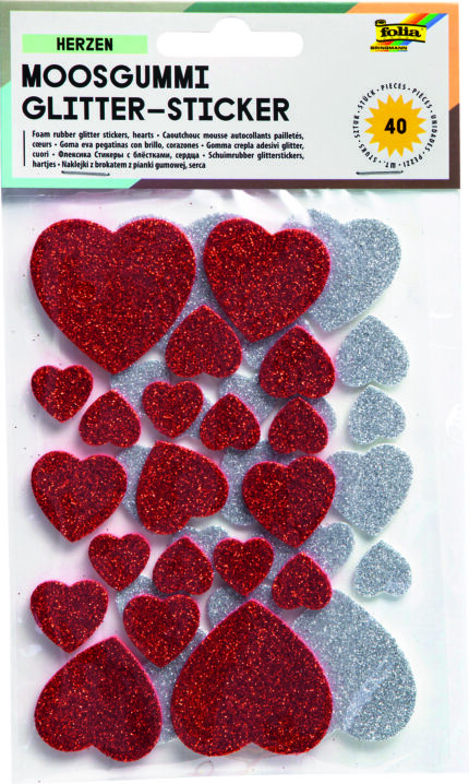 FO55 POCHETTE 40 STICKER AUTOCOL PAILLET MOUSSE CŒUR ROUGE/ARGENT