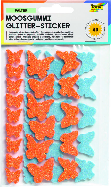 FO57 POCHETTE 40 STICKER AUTOCOL PAILLET MOUSSE PAPILLON ORANGE/BLEU
