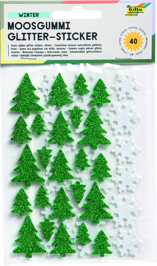 POCHETTE 40 STICKER AUTOCOL PAILLET MOUSSE HIVER VERT/BLANC