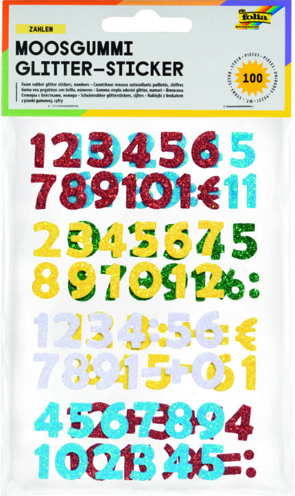 FO60 POCHETTE 100 STICKER AUTOCOL PAILLET MOUSSE CHIFFRE COUL ASSORTIES