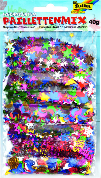 FO25 POCHETTE PAILLETTES "NOËL" 40GRS DIFFÉRENT FORMES ET COULEURS ASSORTIS