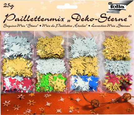 FO27 POCHETTE  PAILLETTES ETOILES 25 GRS DIFFÉRENT FORMES ET COULEURS ASSORTIS