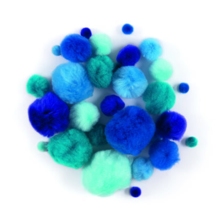 FO16 POCHETTE DE 30 POMPONS TAILLES ASSORTIES /COULEUR DÉGRADÉ DE BLEU