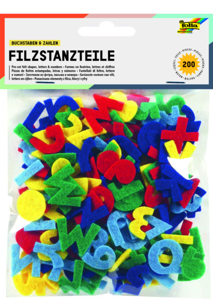 FO37 POCHETTE DE 200 FORMES FEUTRINE "LETTRES&CHIFFRES" HAUT 25MM COULEURS ASSORTIS