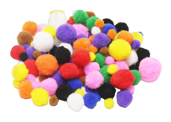300 POMPONS COULEURS VIVES - 3 TAILLES ASSORTIES -